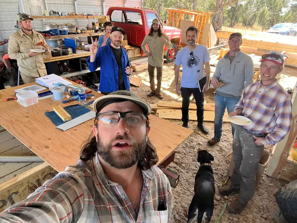 The Timber Age team—including Hamm (photographer), Graham (gray shirt), and Hanson (gray pullover)—learn about high-performance building supplies from Johnny Rezvani of 475.Supply (blue shirt). “I decided to work with Timber Age because I felt like our goals and values were aligned, their interest and commitment to building science, and I also thought that them being a startup would mean that they would be more collaborative than other more established companies which has very much been the case. I also just really liked everyone I met there and their general ethos,” says Graham. Photo courtesy of Chris Hamm